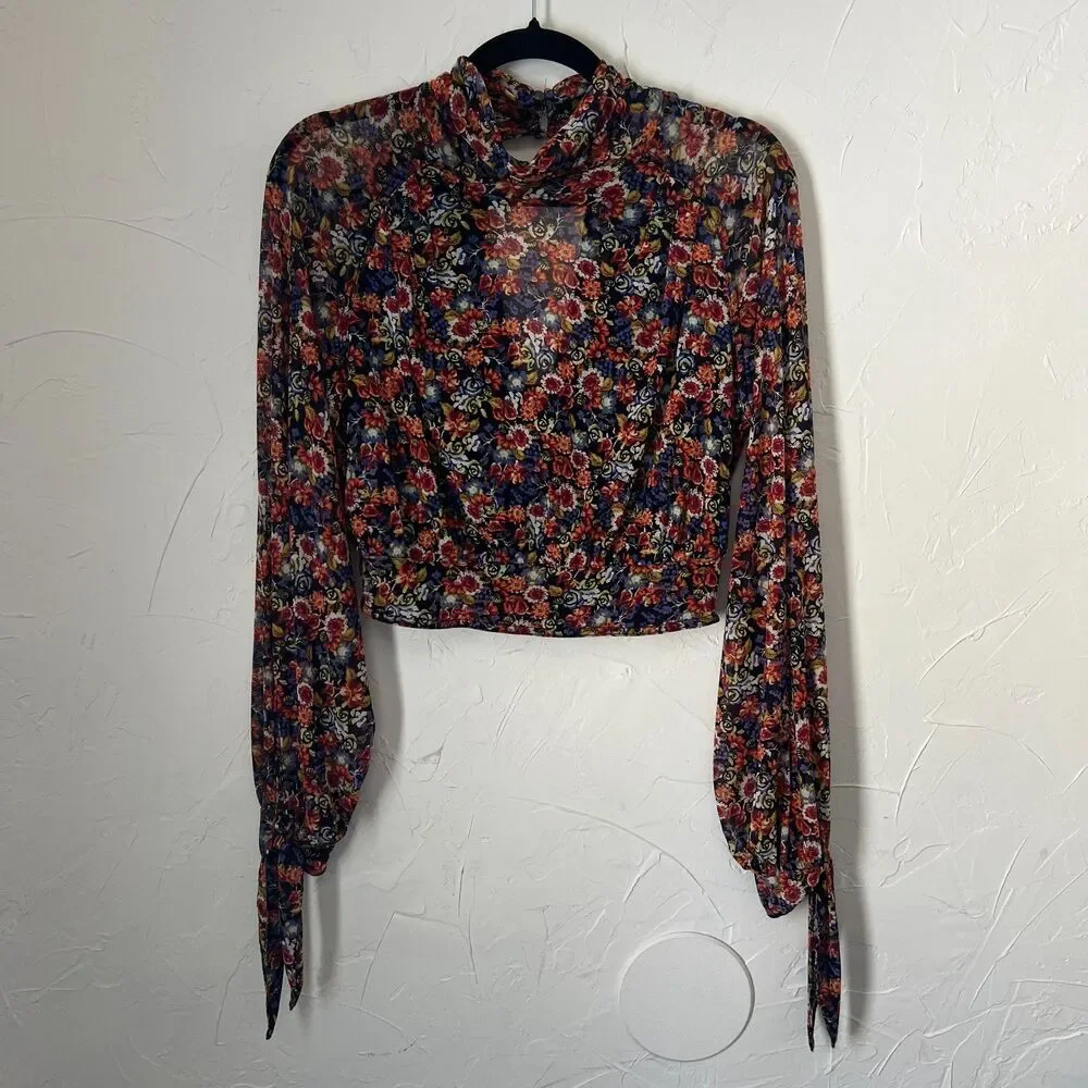 Free People All Dolled Up Top Floral Mesh Boho Fairy Tie‎ Sleeve Cropped y2k XS